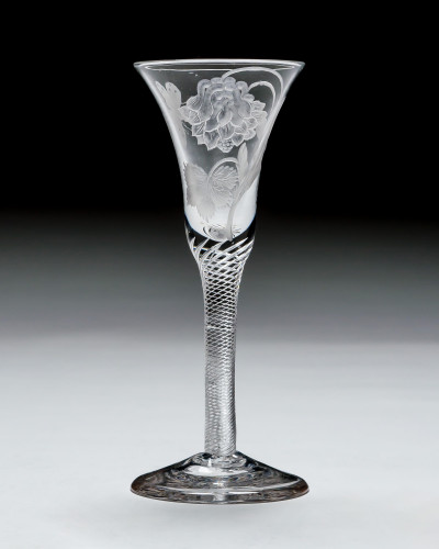 A FINELY ENGRAVED TWO PIECE AIR TWIST WINE GLASS
