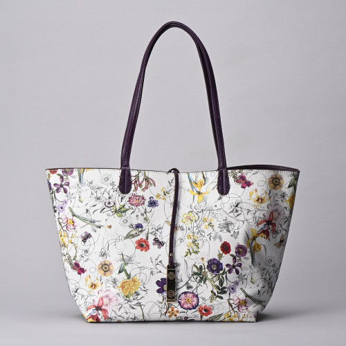 Reversible leather tote bag with floral print by Fabriano Italia