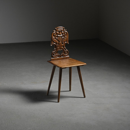 Carved solid wood escabelle, Swiss Alps, circa 1950