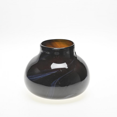 Vase en verre soufflé brun à volutes bleues par Claude Morin, Dieulefit 1979