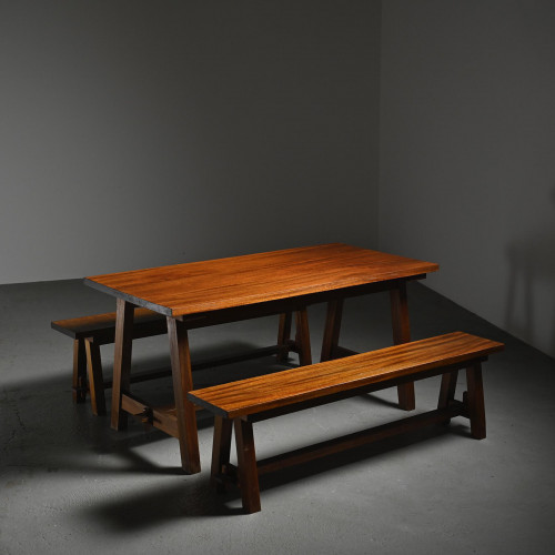 Table à dïner et bancs en acajou, travail de montagne, France circa 1960