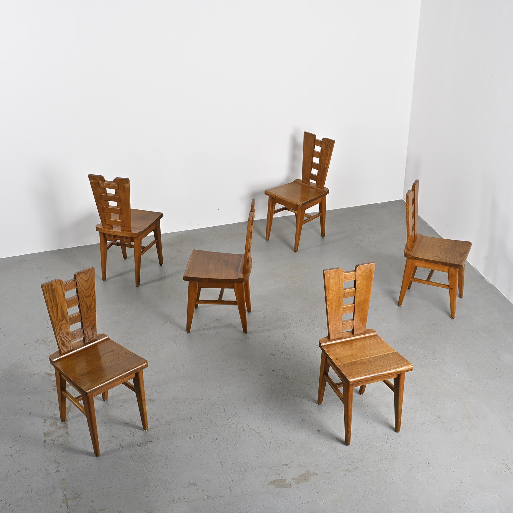 Oak chairs by Henry Jacques Le Même, France ca. 1940, Set of 6