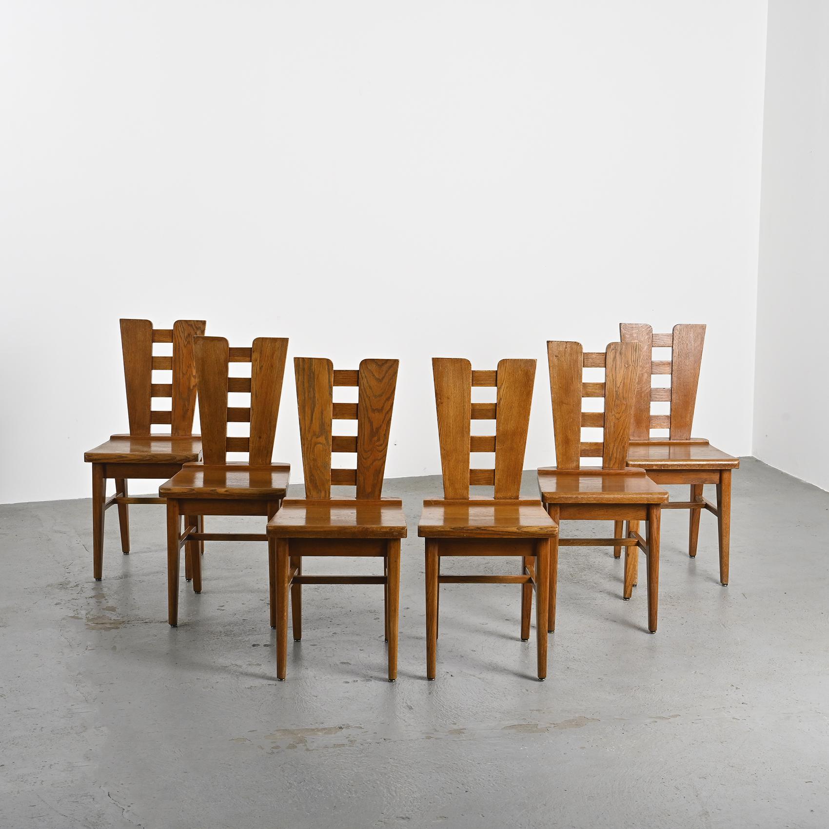 Oak chairs by Henry Jacques Le Même, France ca. 1940, Set of 6