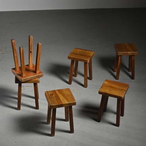 Set of six solid larch stools by Charlotte Perriand, Les Arcs, circa 1985
