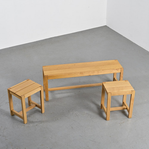 Set of bench and two solid elm stools, France circa 1980