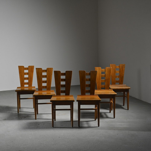 Suite de six chaises en chêne par Henry Jacques Le Même, France circa 1940