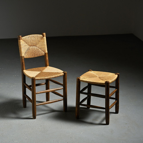 Bauche chair and stool set, Charlotte Perriand for Maison Sentou, circa 1950