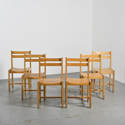 André Sornay, Set of Six Beechwood Chairs, France 1960