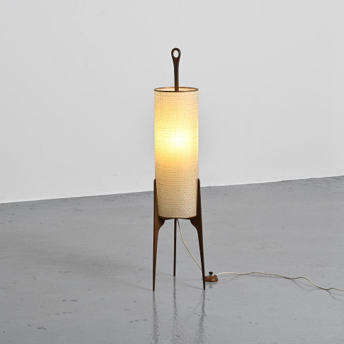 "Rocket" floor lamp in wood, brass and woven fibers, circa 1960