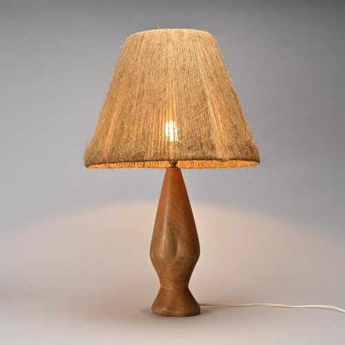 Lampe en bois tourné et fibre naturelle, France, circa 1960