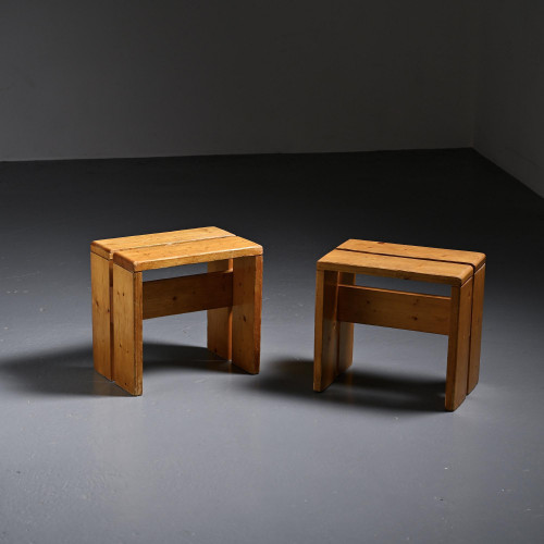 Solid Pine Stools from Les Arcs, France, Set of 2