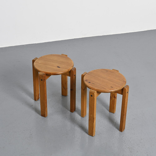 Pair of Solid Pine Stools, France, circa 1970