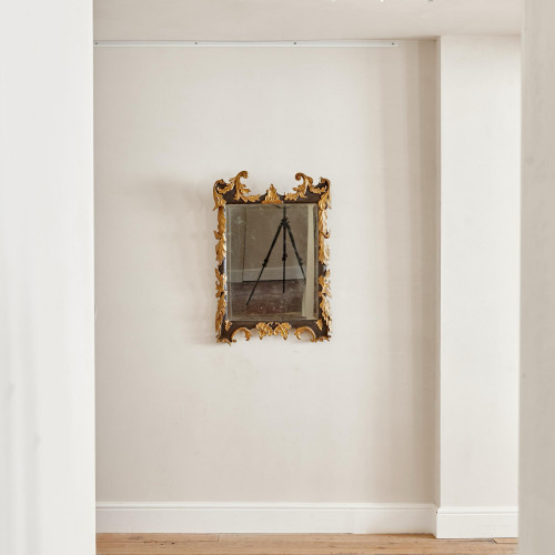 A rectangular mirror with an ebonised and parcel gilt carved frame