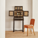 An exceptional ebony veneered and silk stumpwork Antwerp cabinet on stand