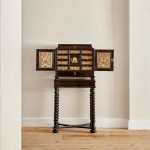 An exceptional ebony veneered and silk stumpwork Antwerp cabinet on stand