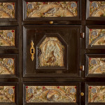 An exceptional ebony veneered and silk stumpwork Antwerp cabinet on stand