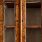 An unusual William & Mary style burr oak and seaweed marquetry glazed cabinet on stand