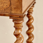 An unusual William & Mary style burr oak and seaweed marquetry glazed cabinet on stand