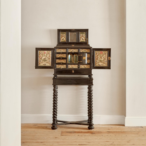 An exceptional ebony veneered and silk stumpwork Antwerp cabinet on stand