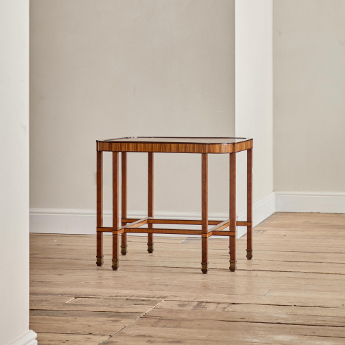 An Art Deco walnut and thuya veneered square occasional table