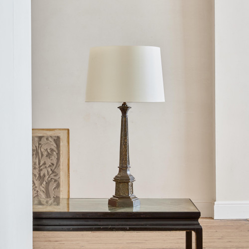 A Regency gilt and patinated bronze column lamp