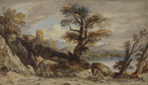A Shepherd and Sheep on a Country Road near a ruined Castle