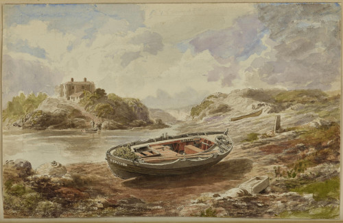 A 'Peter boat' drawn up on the Shore, with a House on the far Shore