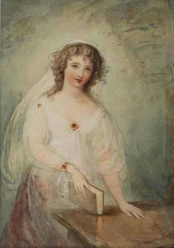 Portrait of a girl, resting her book on a table