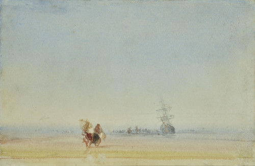 Shrimpers near a Beached Ship at Low Tide