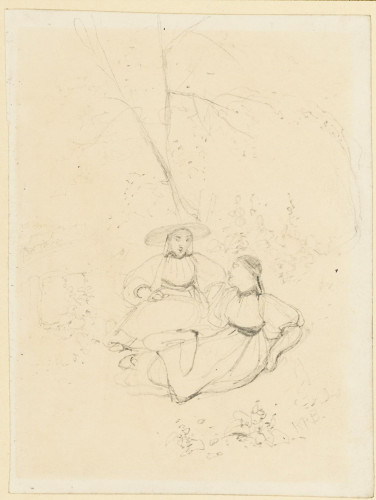 Two Swiss Girls Seated near Trees