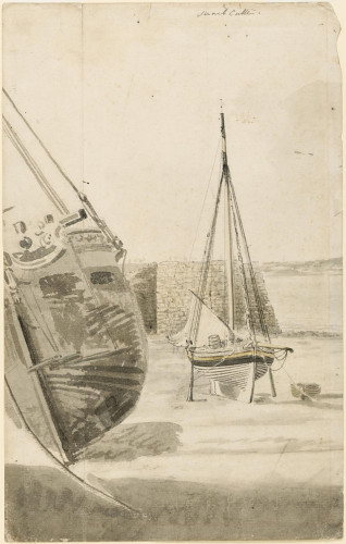 The artist's Cutter 'Snail' beached by a Pier