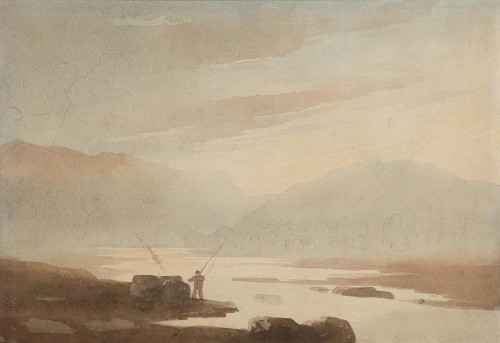 An Angler on a Lake in a mountainous Landscape