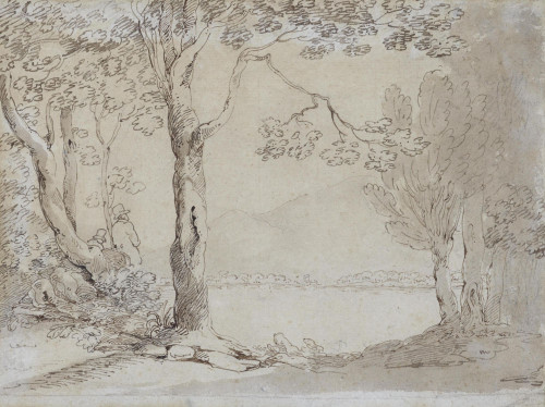 Figures resting by Derwentwater, Lake District
