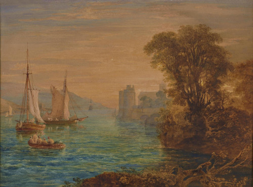 Shipping near a Castle at Sunset
