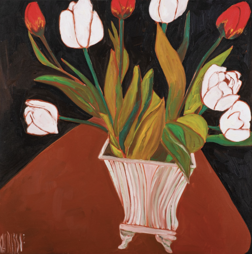 CHRISSIE HYNDE Red and White Flowers on a Brown Table