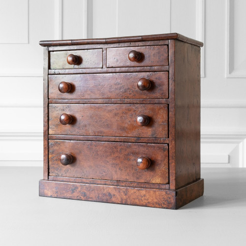 A good early 19th century burr yew miniature chest of drawers, English, circa 1835