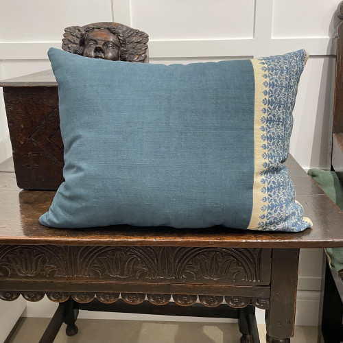 A cushion made of 19th century silk embroidery, Greek, and French 19th century hand-dyed linen