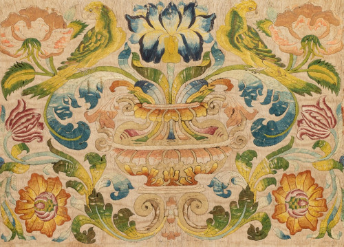 A 17th century silk embroidered panel, Italian, circa 1650-70