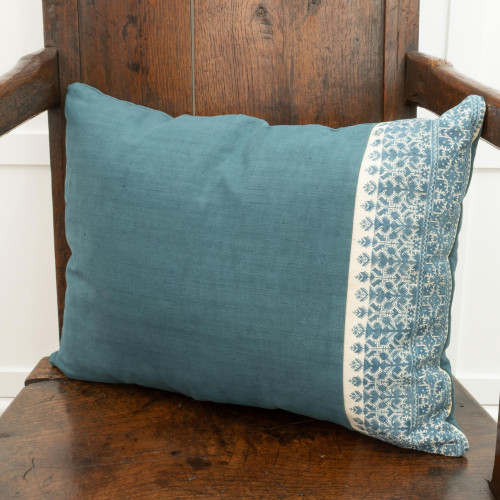 A cushion made of 19th century silk embroidery, Greek, and French 19th century hand-dyed linen