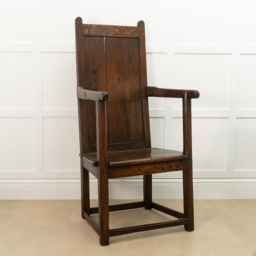 A William & Mary oak and fruitwood panel back open armchair, Welsh, circa 1700