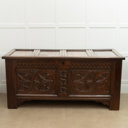 An outstanding Henry VII/VIII  joined oak coffer, circa 1500-20