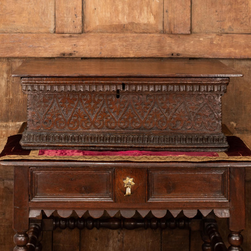 An Elizabeth I boarded oak box, West Country, possibly Somerset, circa 1580