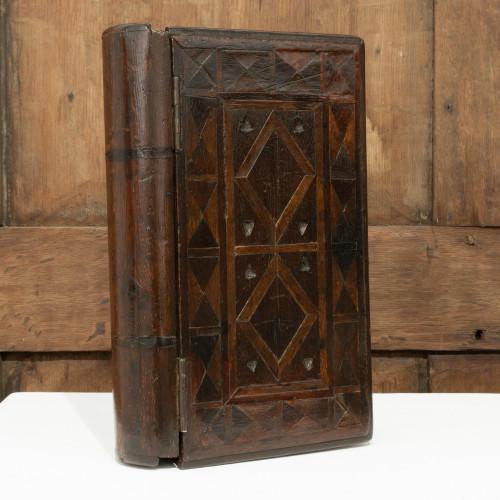 A Victorian pine and inlaid box, in the form of a book, circa 1880