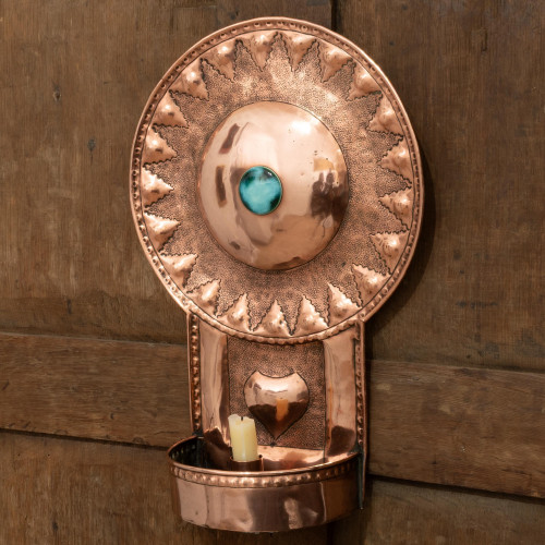 A large Arts & Crafts copper wall sconce, with ruskin-type pottery roundel. circa 1905