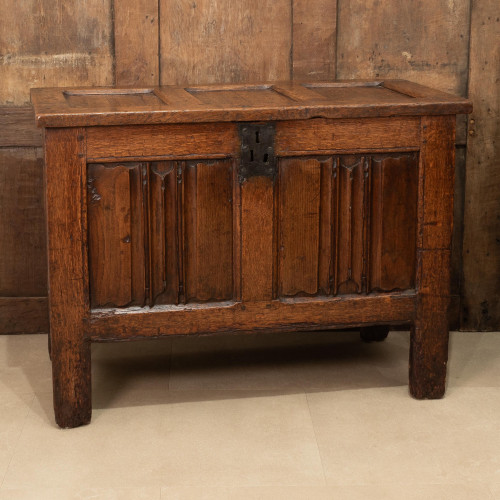 A moderately small Henry VIII joined oak linenfold coffer, circa 1520