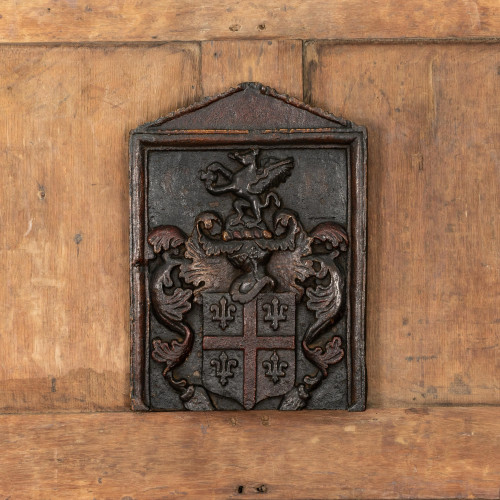 The Arms of Bank: A Charles II oak and polychrome-decorated armorial panel, Yorkshire/Lancashire, circa 1660