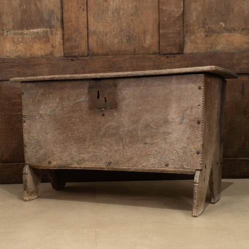 An interesting small Henry VIII oak boarded chest, circa 1540
