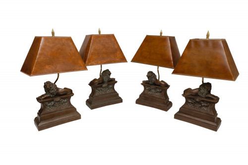 Italian Lamp table set 4 four bronze recumbent lion original tortoishell shade 14" high