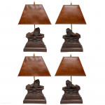 Italian Lamp table set 4 four bronze recumbent lion original tortoishell shade 14" high