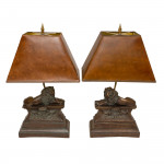 Italian Lamp table set 4 four bronze recumbent lion original tortoishell shade 14" high